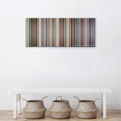 Bowling for Columbine color palette canvas above a white bench with three woven baskets