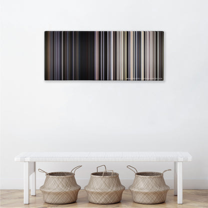 Transcendence color palette canvas above a white bench with three woven baskets