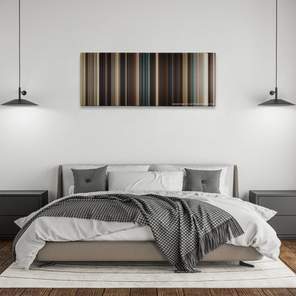 Fast Five color palette canvas above a bed, between two black pendant lamps