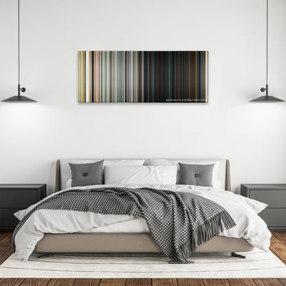 London Has Fallen color palette canvas above a bed, between two black pendant lamps