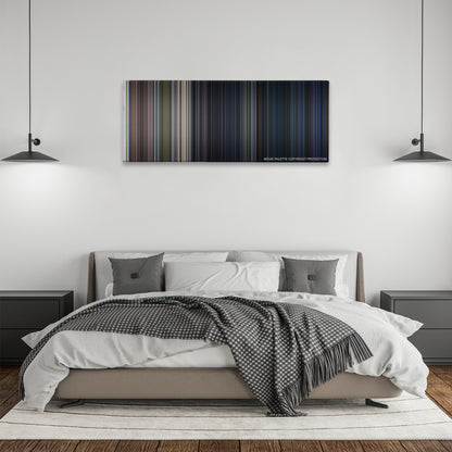 The Lost World: Jurassic Park color palette canvas above a bed, between two black pendant lamps