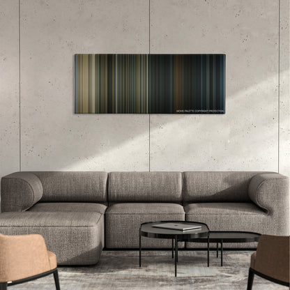 The Texas Chainsaw Massacre color palette canvas on a concrete wall above a gray sectional sofa