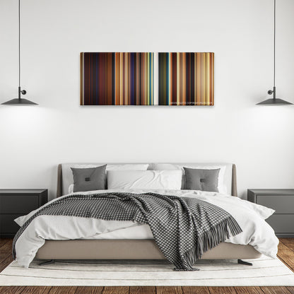Puss in Boots color palette canvas above a bed, between two black pendant lamps