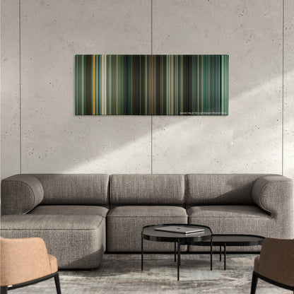 Children of Men color palette canvas on a concrete wall above a gray sectional sofa
