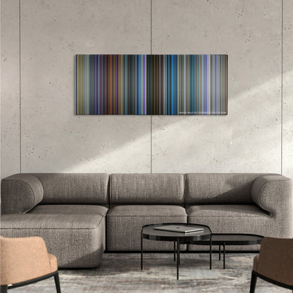 Pokemon Detective Pikachu color palette canvas on a concrete wall above a gray sectional sofa