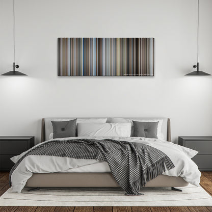 The Pursuit of Happyness color palette canvas above a bed, between two black pendant lamps