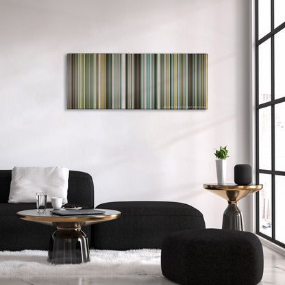 The Place Beyond the Pines color palette canvas above a black sofa with a gold-topped table