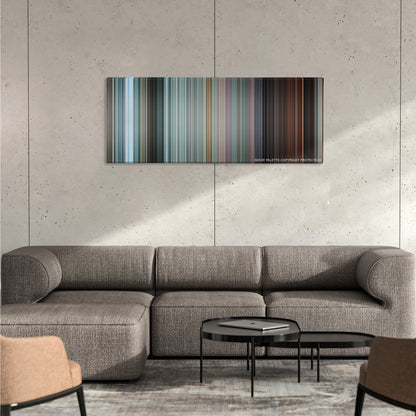 Shaun of the Dead color palette canvas on a concrete wall above a gray sectional sofa