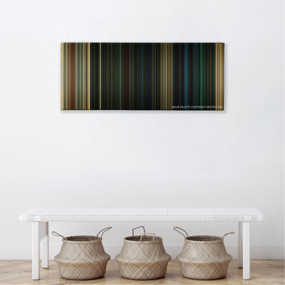 The Purge: Anarchy color palette canvas above a white bench with three woven baskets