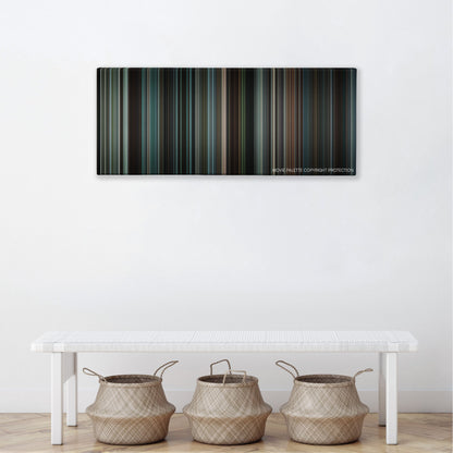 State of Play color palette canvas above a white bench with three woven baskets