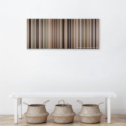 Gandhi color palette canvas above a white bench with three woven baskets