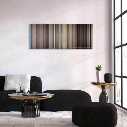 The Happening color palette canvas above a black sofa with a gold-topped table