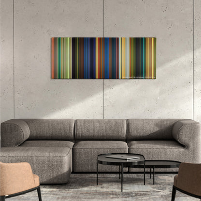 Kung Fu Panda color palette canvas on a concrete wall above a gray sectional sofa