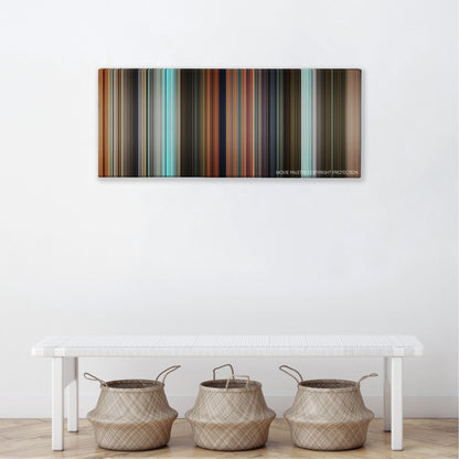 Robots color palette canvas above a white bench with three woven baskets