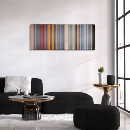 Austin Powers in Goldmember color palette canvas above a black sofa with a gold-topped table