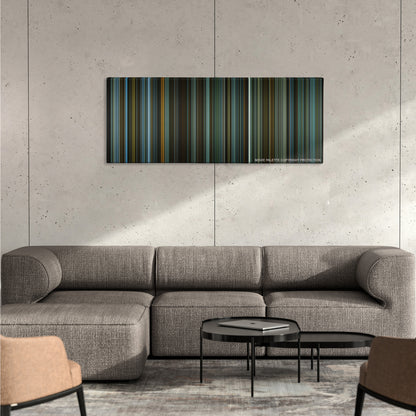 The Girl with the Dragon Tattoo color palette canvas on a concrete wall above a gray sectional sofa