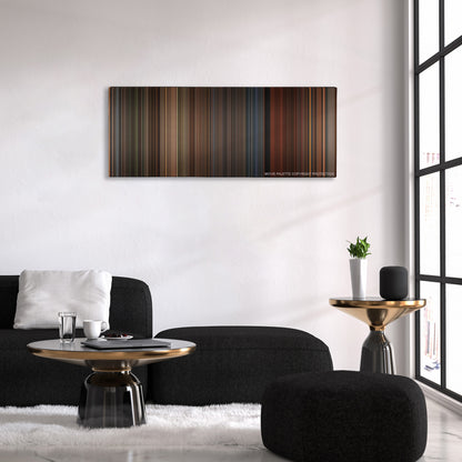 A Series of Unfortunate Events color palette canvas above a black sofa with a gold-topped table