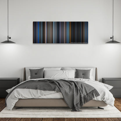 Unbreakable color palette canvas above a bed, between two black pendant lamps