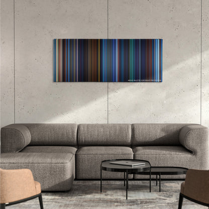 Atlantis: The Lost Empire color palette canvas on a concrete wall above a gray sectional sofa