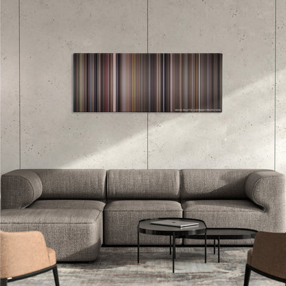 Airplane! color palette canvas on a concrete wall above a gray sectional sofa
