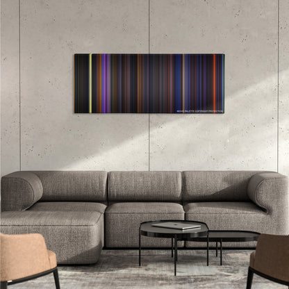 The Nightmare Before Christmas color palette canvas on a concrete wall above a gray sectional sofa