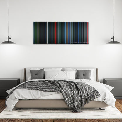 Pandorum color palette canvas above a bed, between two black pendant lamps