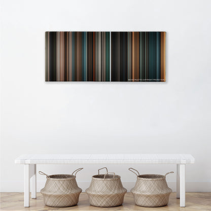 Knowing color palette canvas above a white bench with three woven baskets