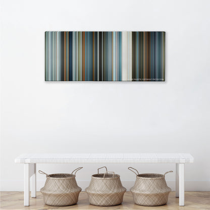 Oblivion color palette canvas above a white bench with three woven baskets