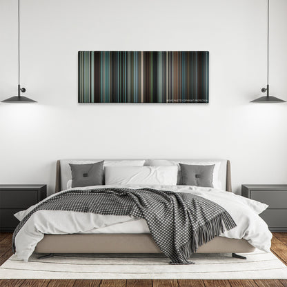 State of Play color palette canvas above a bed, between two black pendant lamps