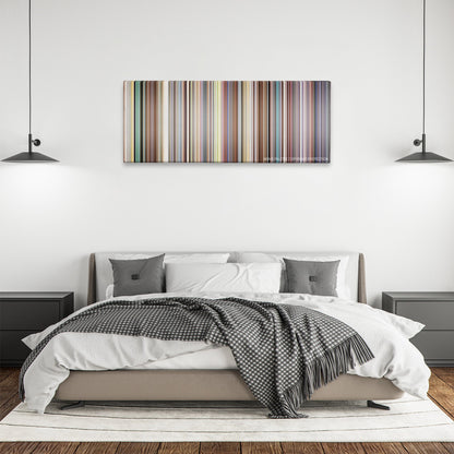 Bowling for Columbine color palette canvas above a bed, between two black pendant lamps
