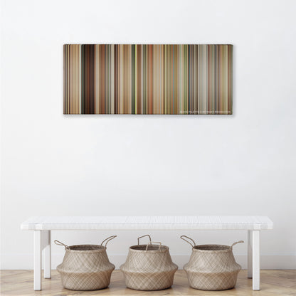 The Queen color palette canvas above a white bench with three woven baskets