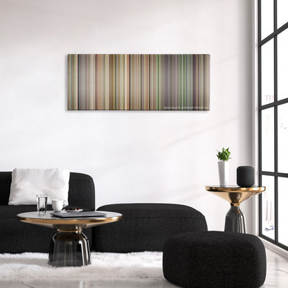 Good Morning, Vietnam color palette canvas above a black sofa with a gold-topped table