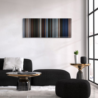 Pirates of the Caribbean: The Curse of the Black Pearl color palette canvas above a black sofa with a gold-topped table