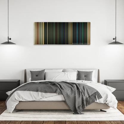 The Purge: Anarchy color palette canvas above a bed, between two black pendant lamps