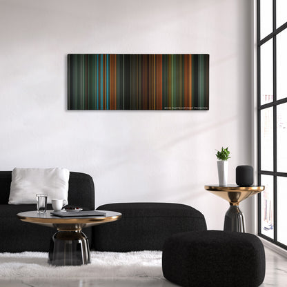 Sucker Punch color palette canvas above a black sofa with a gold-topped table