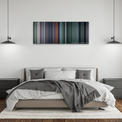 The Hunger Games color palette canvas above a bed, between two black pendant lamps