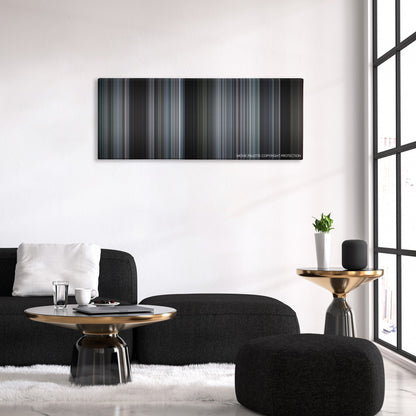 16 Blocks color palette canvas above a black sofa with a gold-topped table