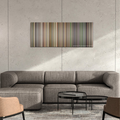 Kung Fu Hustle color palette canvas on a concrete wall above a gray sectional sofa