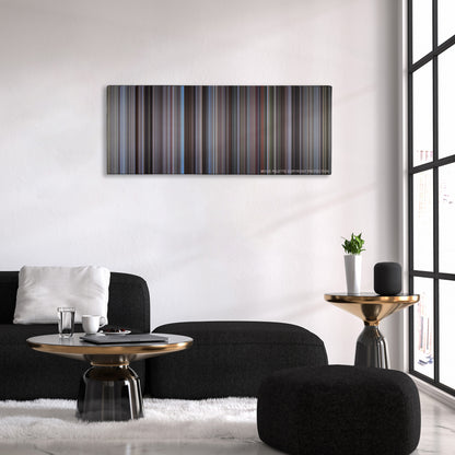 Mad Max color palette canvas above a black sofa with a gold-topped table