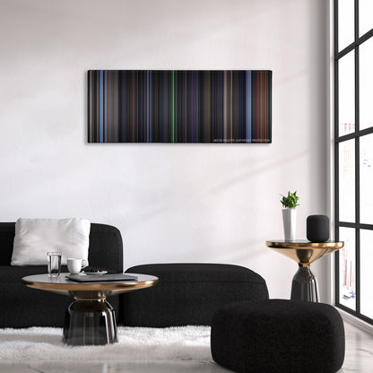 Event Horizon color palette canvas above a black sofa with a gold-topped table