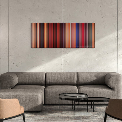 Fear and Loathing in Las Vegas color palette canvas on a concrete wall above a gray sectional sofa