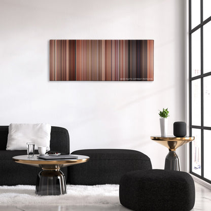 Freaky Friday color palette canvas above a black sofa with a gold-topped table