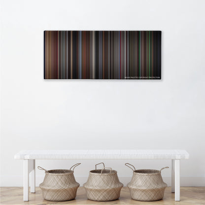 Vertigo color palette canvas above a white bench with three woven baskets