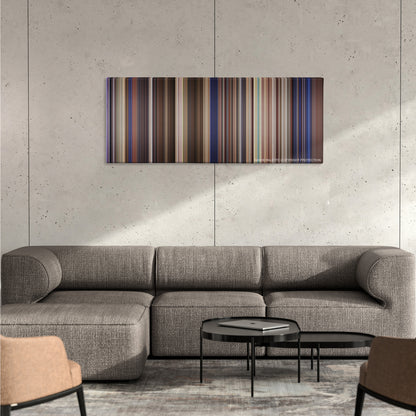 Bill & Ted's Excellent Adventure color palette canvas on a concrete wall above a gray sectional sofa