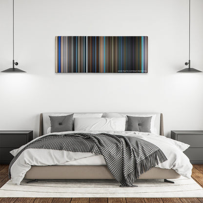Bad Times at the El Royale color palette canvas above a bed, between two black pendant lamps
