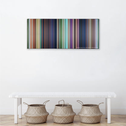 Rio color palette canvas above a white bench with three woven baskets