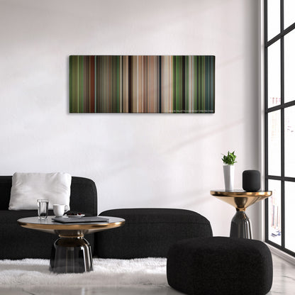 Apocalypto color palette canvas above a black sofa with a gold-topped table
