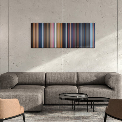 Pinocchio color palette canvas on a concrete wall above a gray sectional sofa