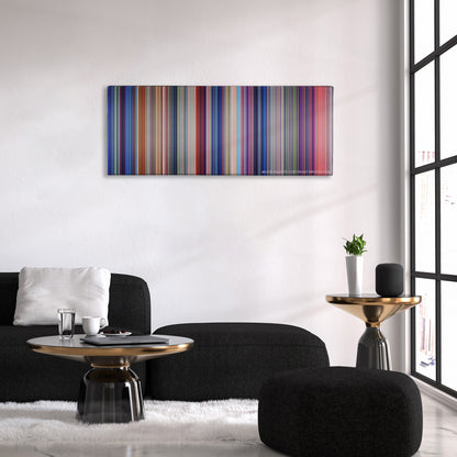 Lilo & Stitch color palette canvas above a black sofa with a gold-topped table