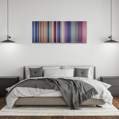 Lilo & Stitch color palette canvas above a bed, between two black pendant lamps